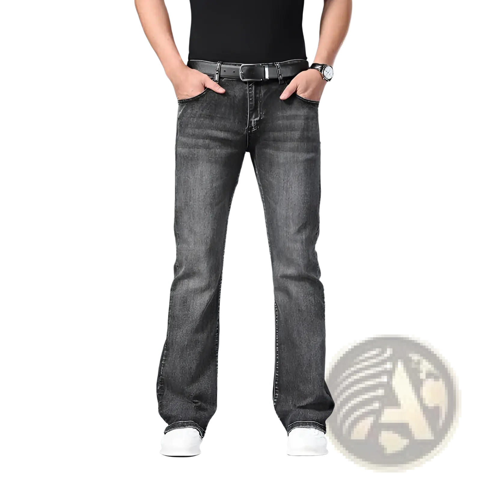 Mens micro flared denim jeans in dark gray with classic stitching details for casual wear