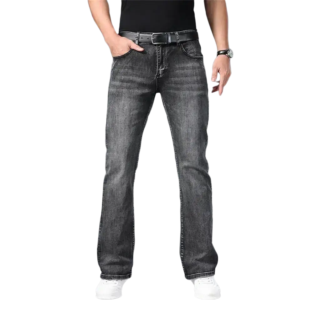 Mens micro flared denim jeans in dark gray with a straight-leg cut and subtle fading for casual wear