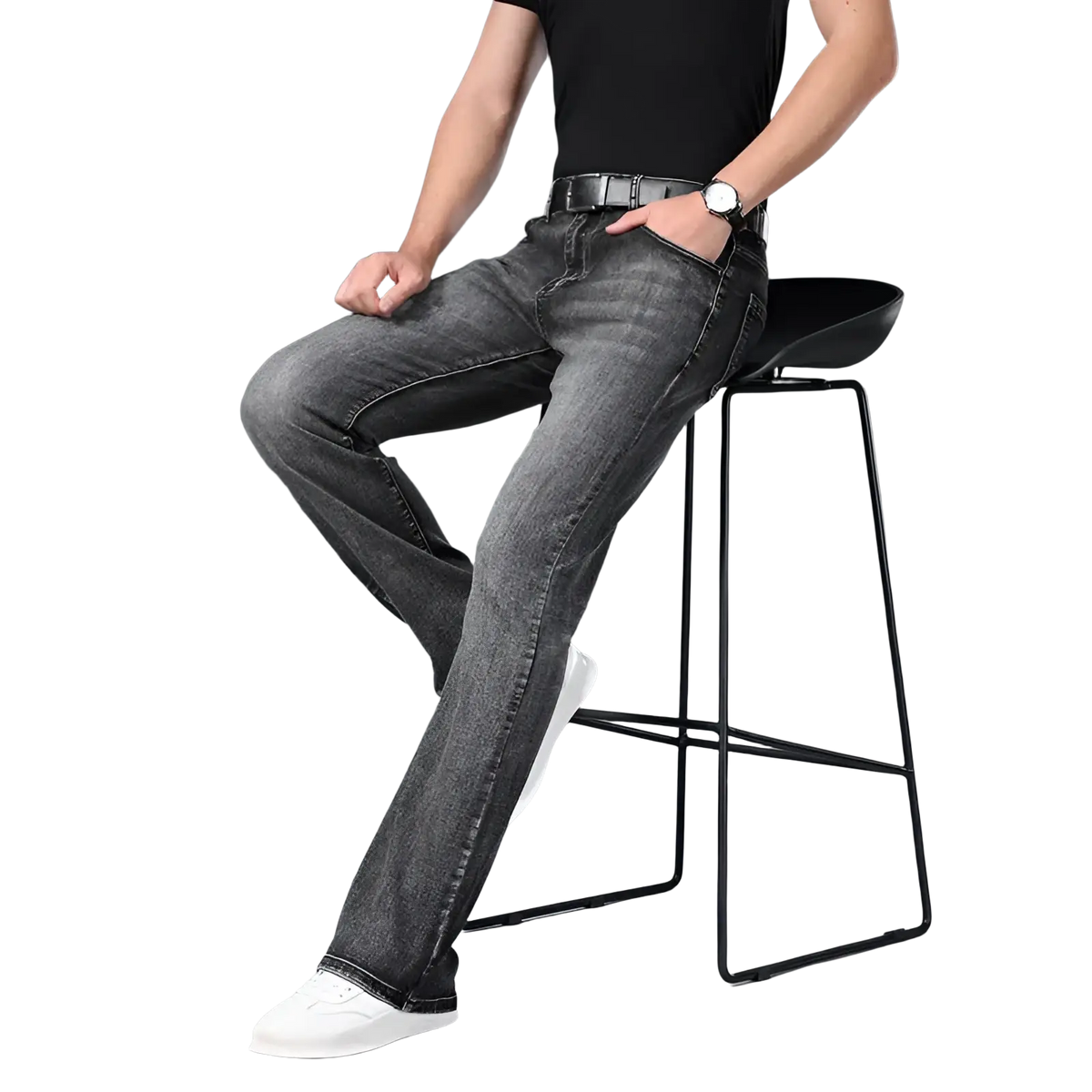 Mens micro flared denim jeans in dark gray with subtle fading and straight leg cut casual pants