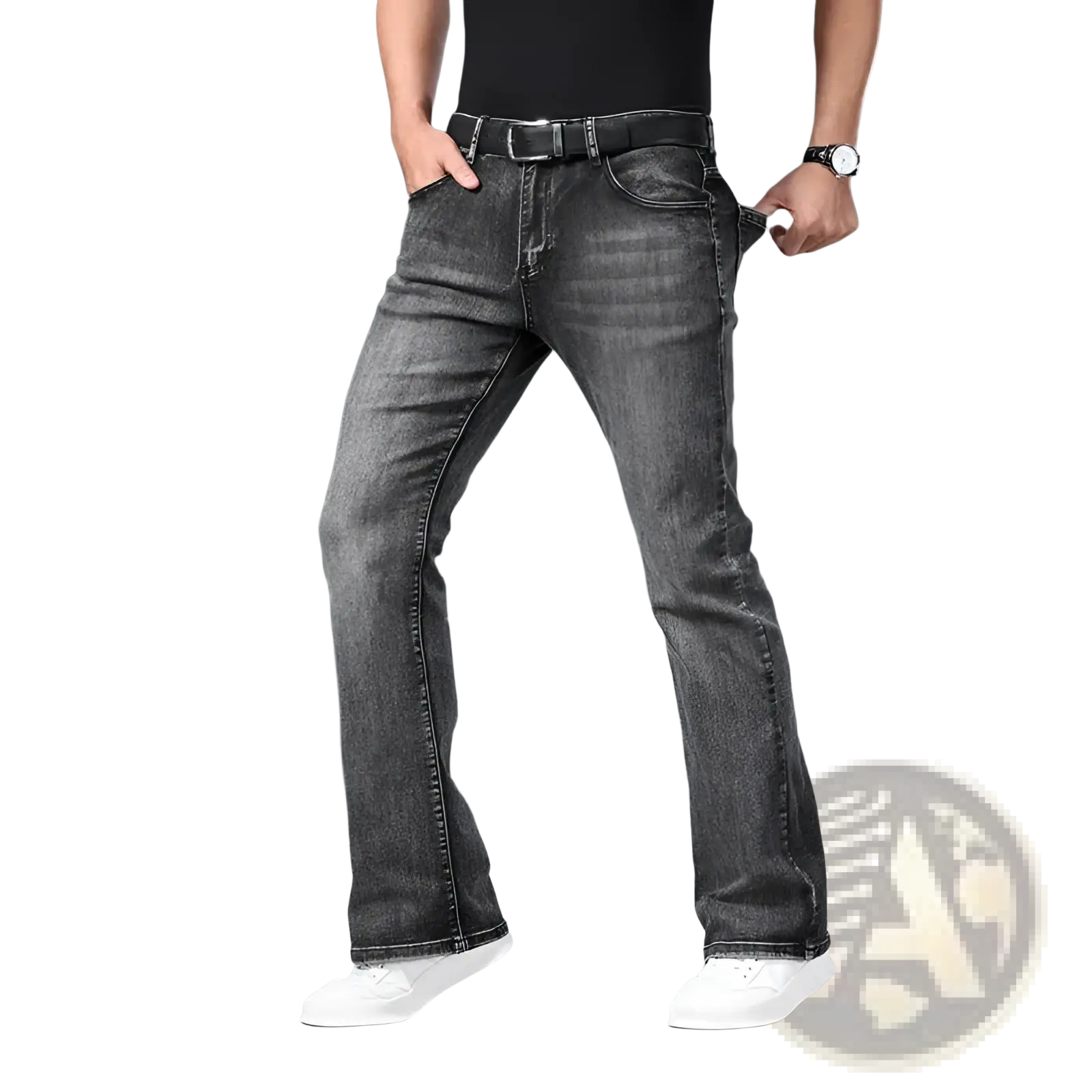 Dark gray micro flared denim jeans with faded wash and classic stitching for casual menswear