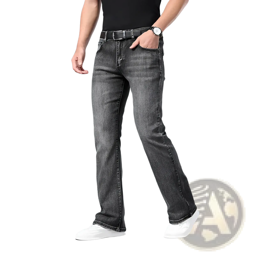 Dark gray micro flared denim jeans with subtle fading details for casual menswear