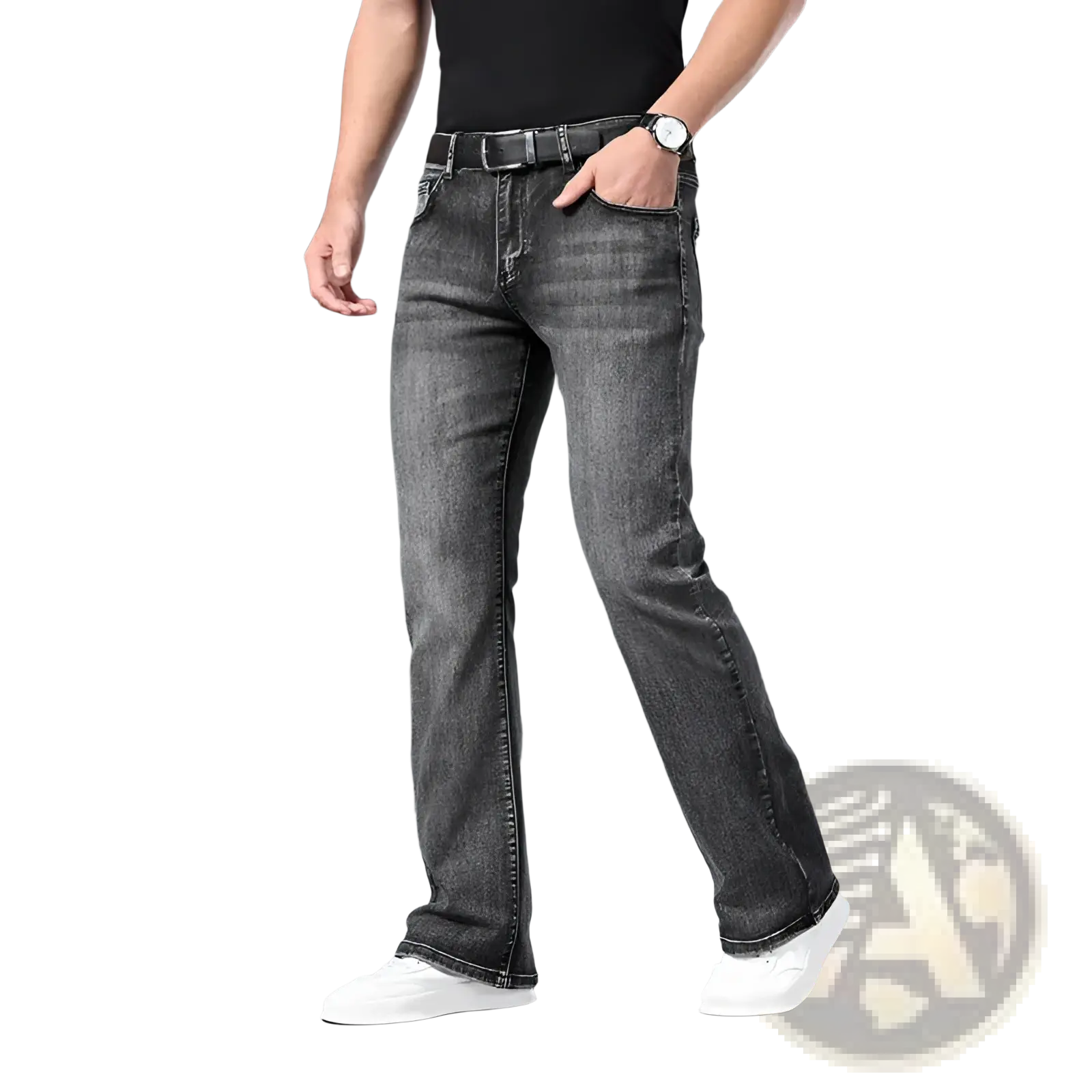Dark gray micro flared denim jeans with subtle fading details for casual menswear
