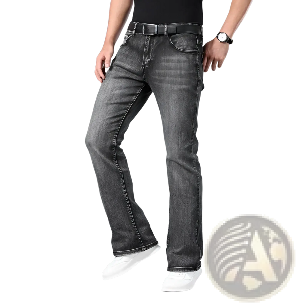Dark gray denim mens micro flared jeans with faded distressed finish and straight-leg cut for casual wear