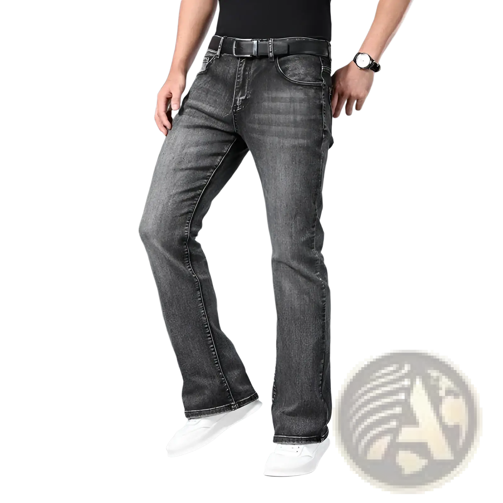 Dark gray denim mens micro flared jeans with faded distressed finish and straight-leg cut for casual wear