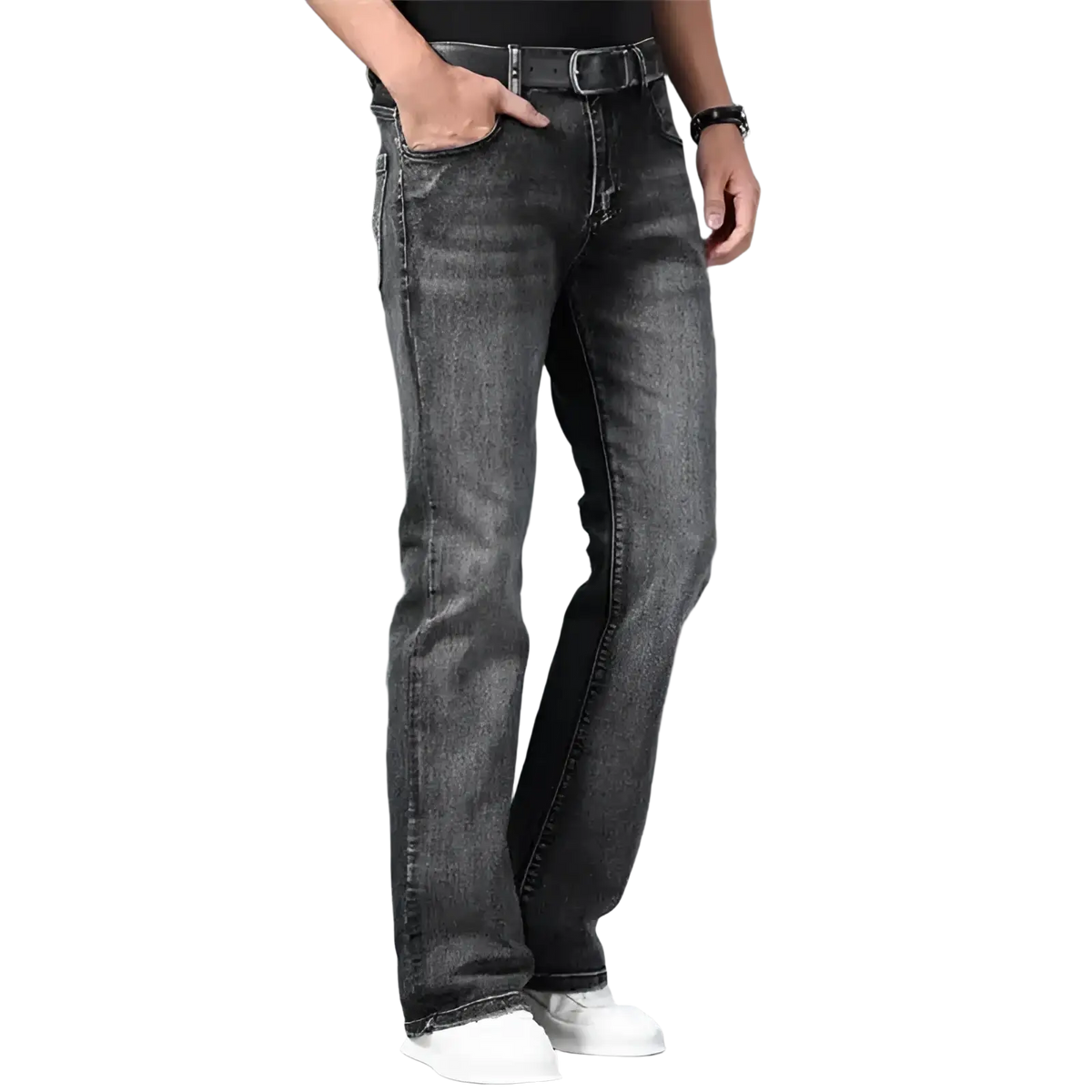 Mens micro flared dark gray denim jeans with straight-leg cut and black belt for casual wear