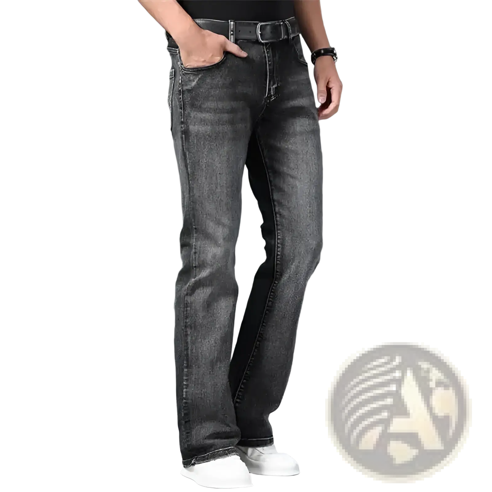 Mens micro flared dark gray denim jeans with straight-leg cut and black belt for casual wear
