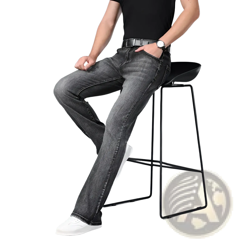 Mens micro flared denim jeans in dark gray with subtle fading and straight leg cut casual pants