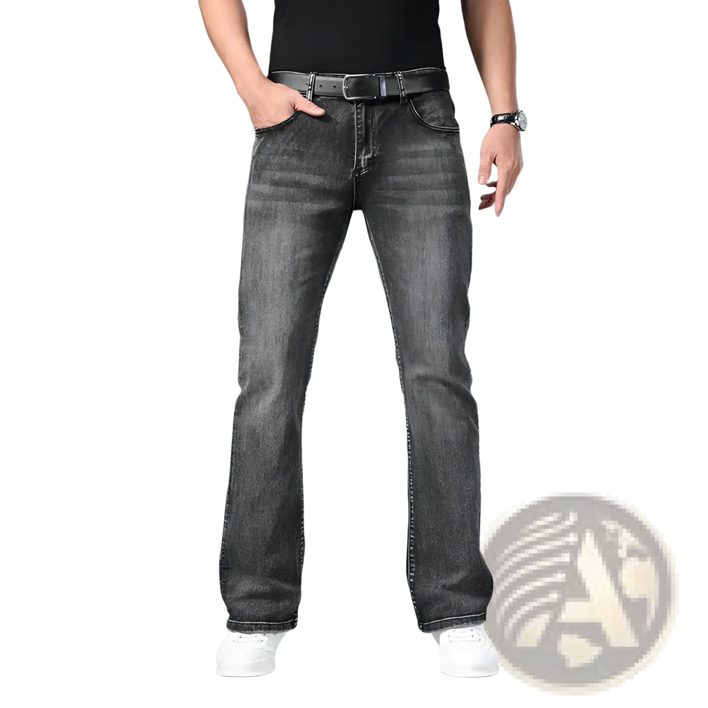 Mens micro flared denim jeans in dark gray faded wash with classic stitching and belt loops made from denim material