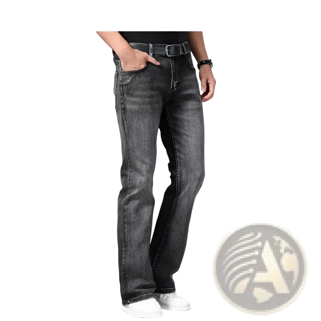 Mens micro flared dark gray denim jeans with tapered leg design and subtle fading for casual wear