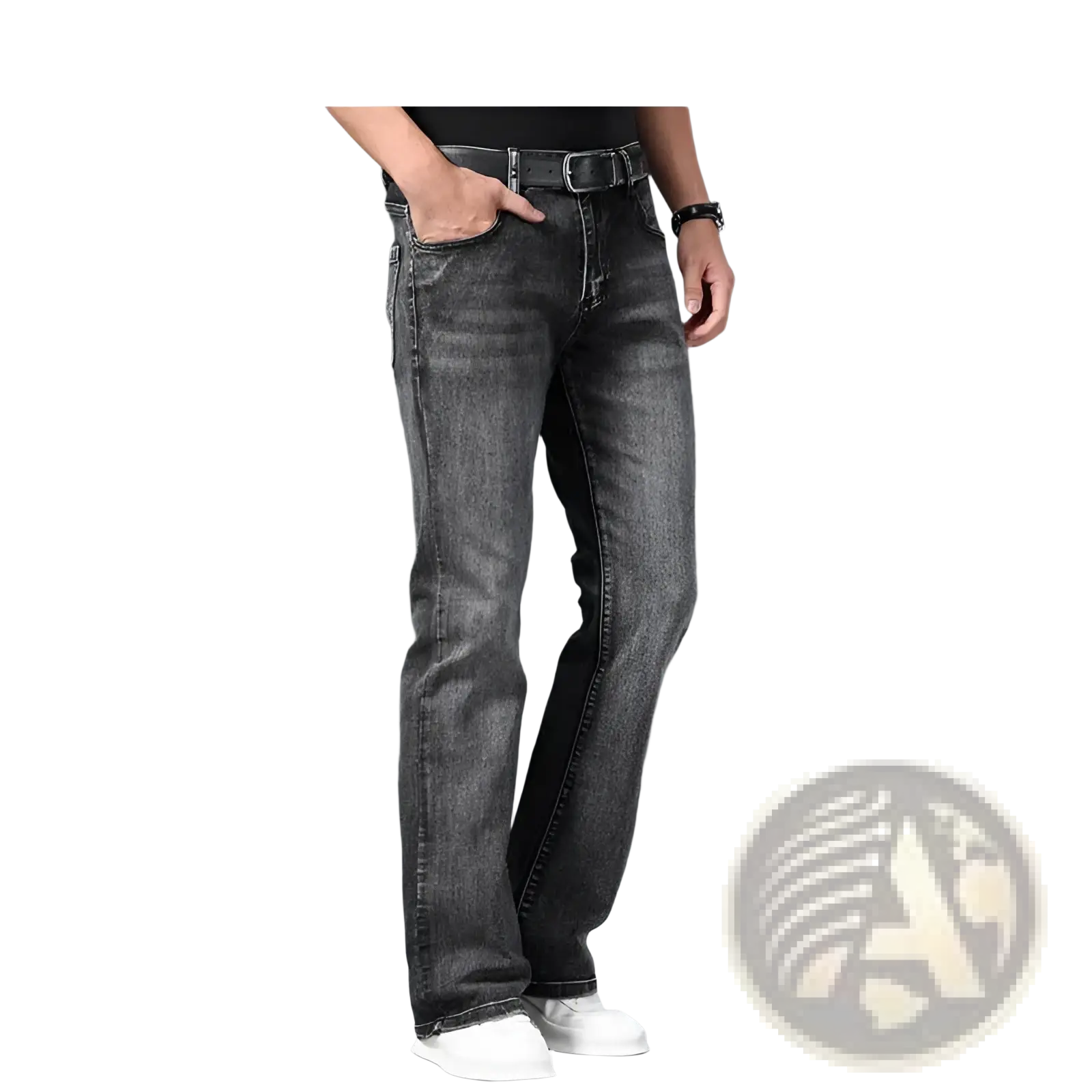 Mens micro flared dark gray denim jeans with tapered leg design and subtle fading for casual wear