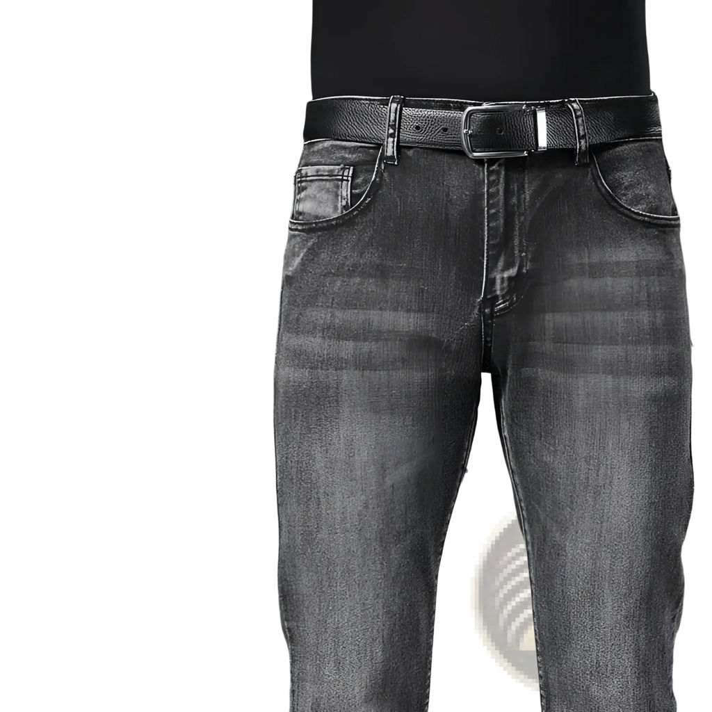 Mens micro flared denim jeans dark wash classic fit paired with black leather belt and silver toned buckle