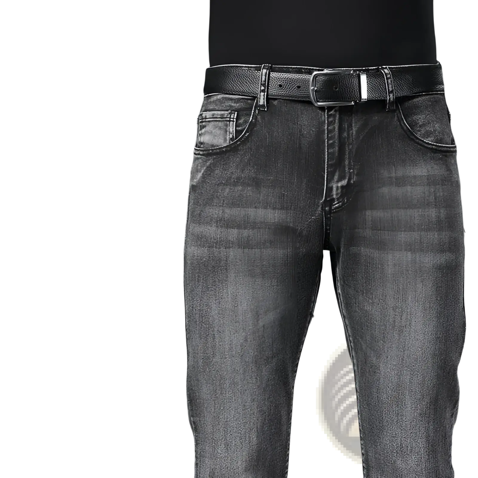 Mens micro flared denim jeans dark wash classic fit paired with black leather belt and silver toned buckle