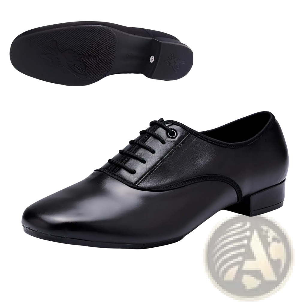 Men’s black microfiber leather lace up dance shoe with low heel designed for dancing and formal occasions