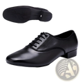 Men’s black microfiber leather lace up dance shoe with low heel designed for dancing and formal occasions