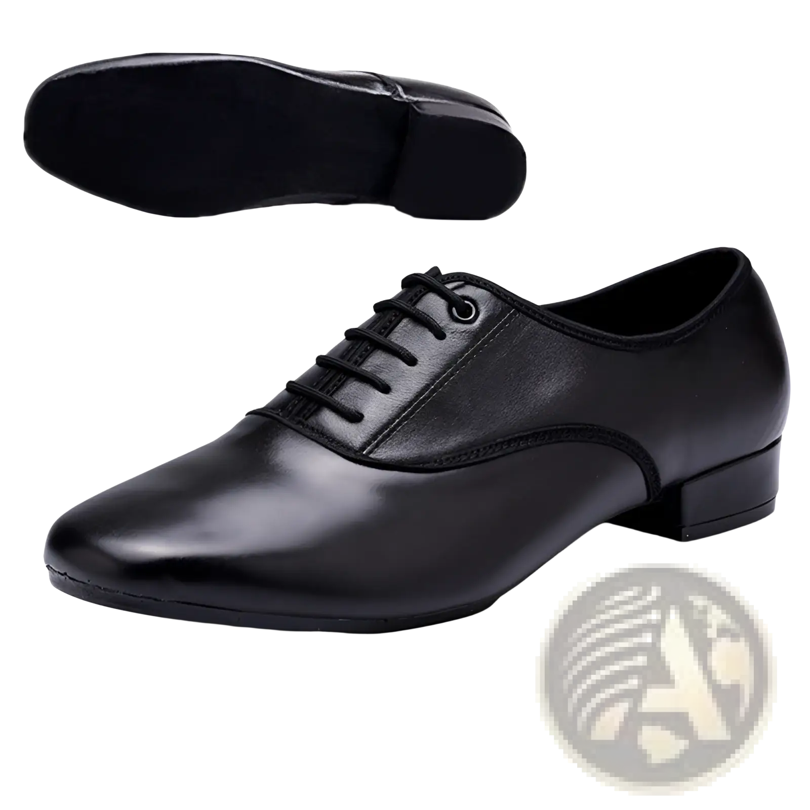 Black leather men’s dance shoe with low heel and lace-up microfiber leather design for dancing use