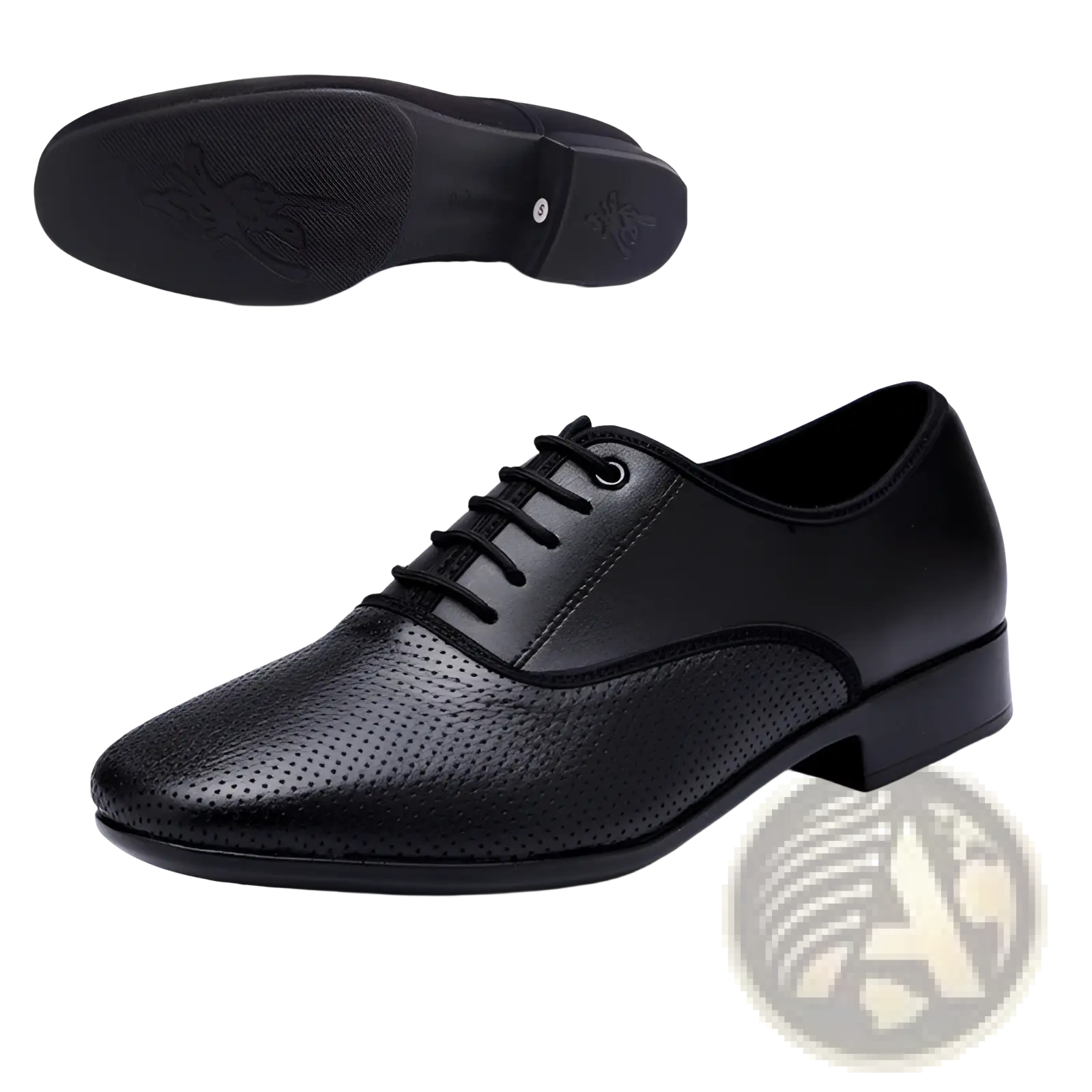 Black leather men’s microfiber lace up dancing shoe with perforated toe and side panels for performance use
