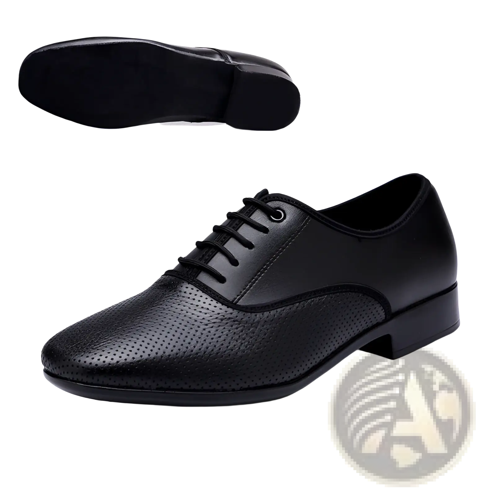 Black leather men’s microfiber lace up dancing shoe with perforated toe and side panels