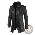 Men’s black mid-length fleece lined faux leather trench coat with high collar shoulder epaulets and front zipper closure