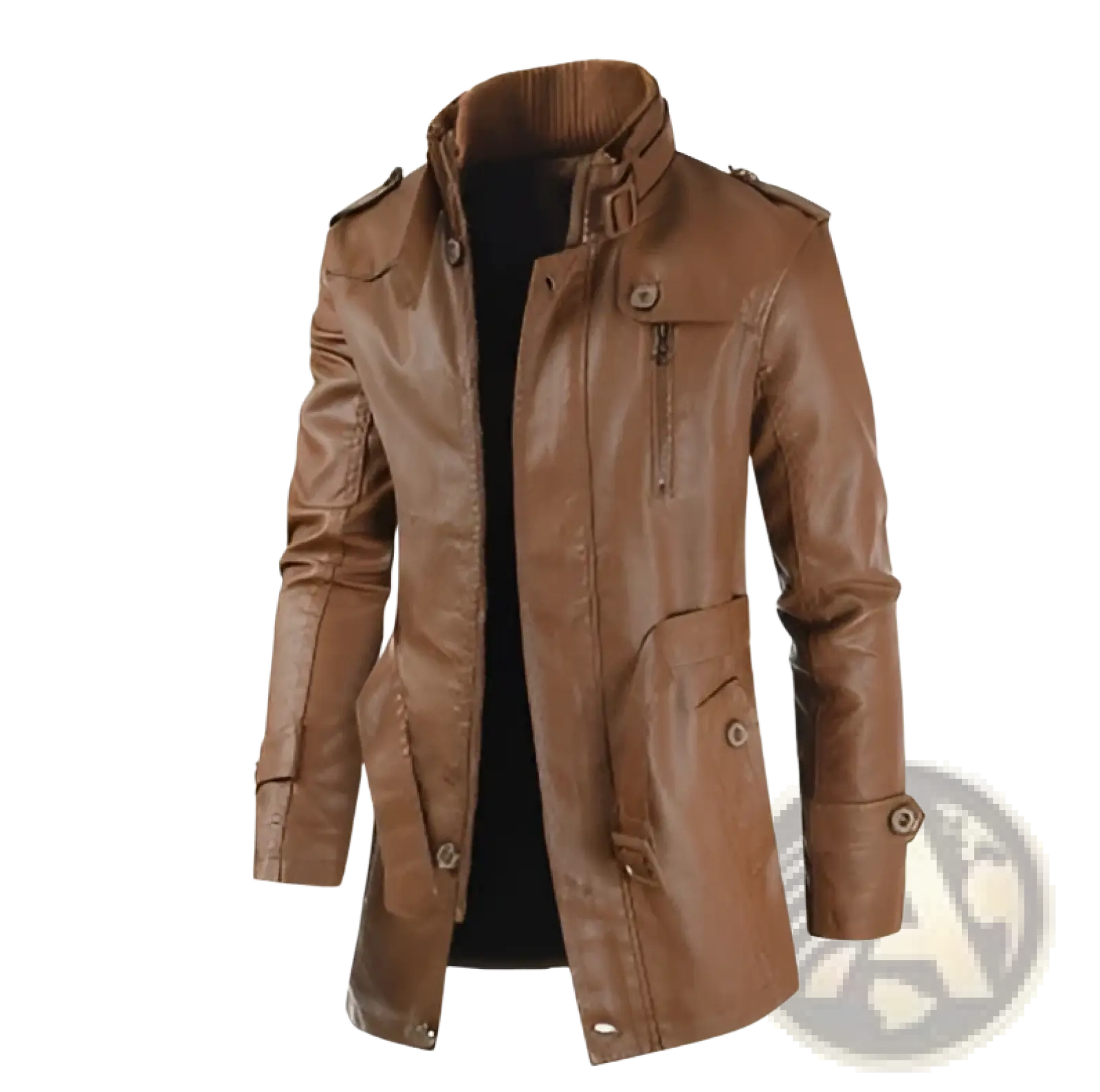 Men’s mid-length brown faux leather coat with fleece lining high collar and multiple pockets for cold weather