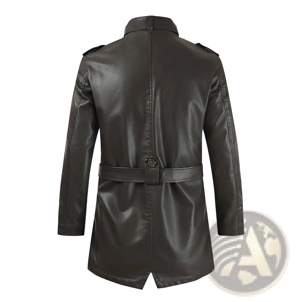 Men’s mid-length black faux leather trench coat with belted waist and shoulder epaulets fleece lined