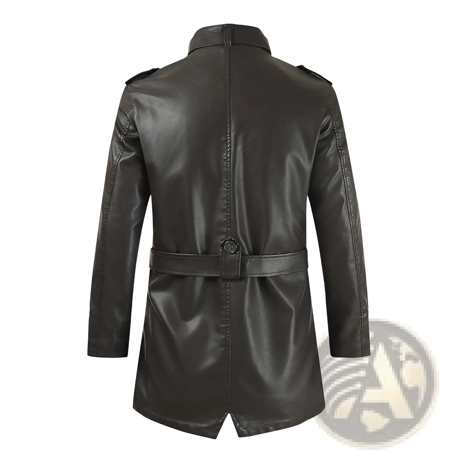Men’s mid-length black faux leather trench coat with belted waist and shoulder epaulets fleece lined
