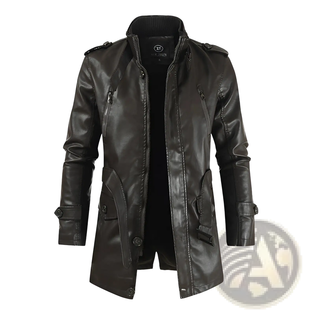Men’s mid-length black faux leather trench coat with fleece lining shoulder epaulets and flap pockets front view