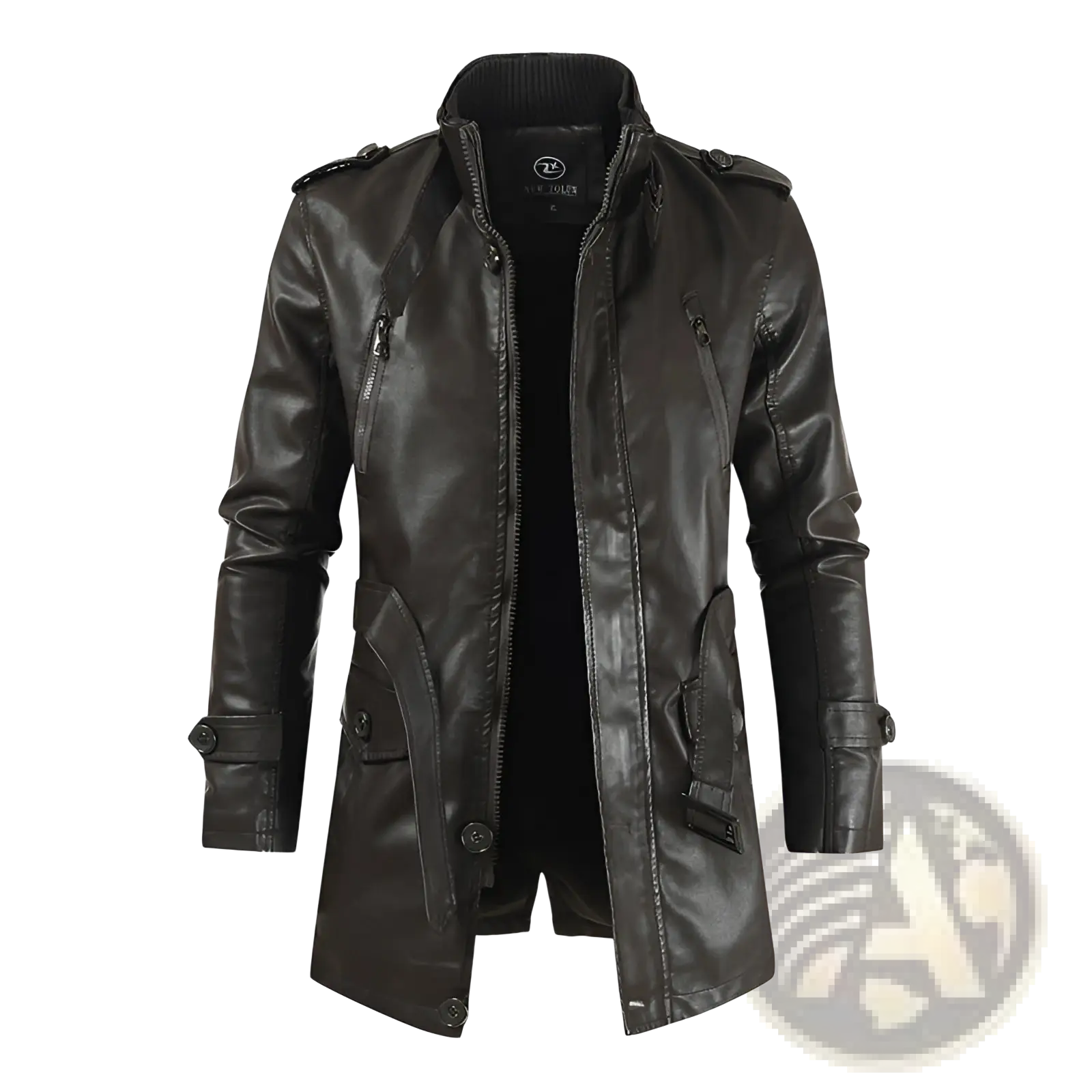 Men’s mid-length black faux leather trench coat with fleece lining shoulder epaulets and flap pockets front view