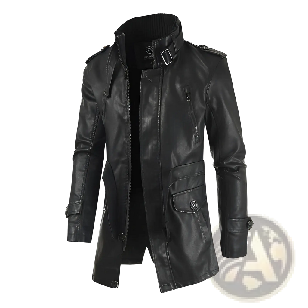 Men’s black faux leather mid-length trench coat with high collar, shoulder epaulets, front zipper, and fleece lining