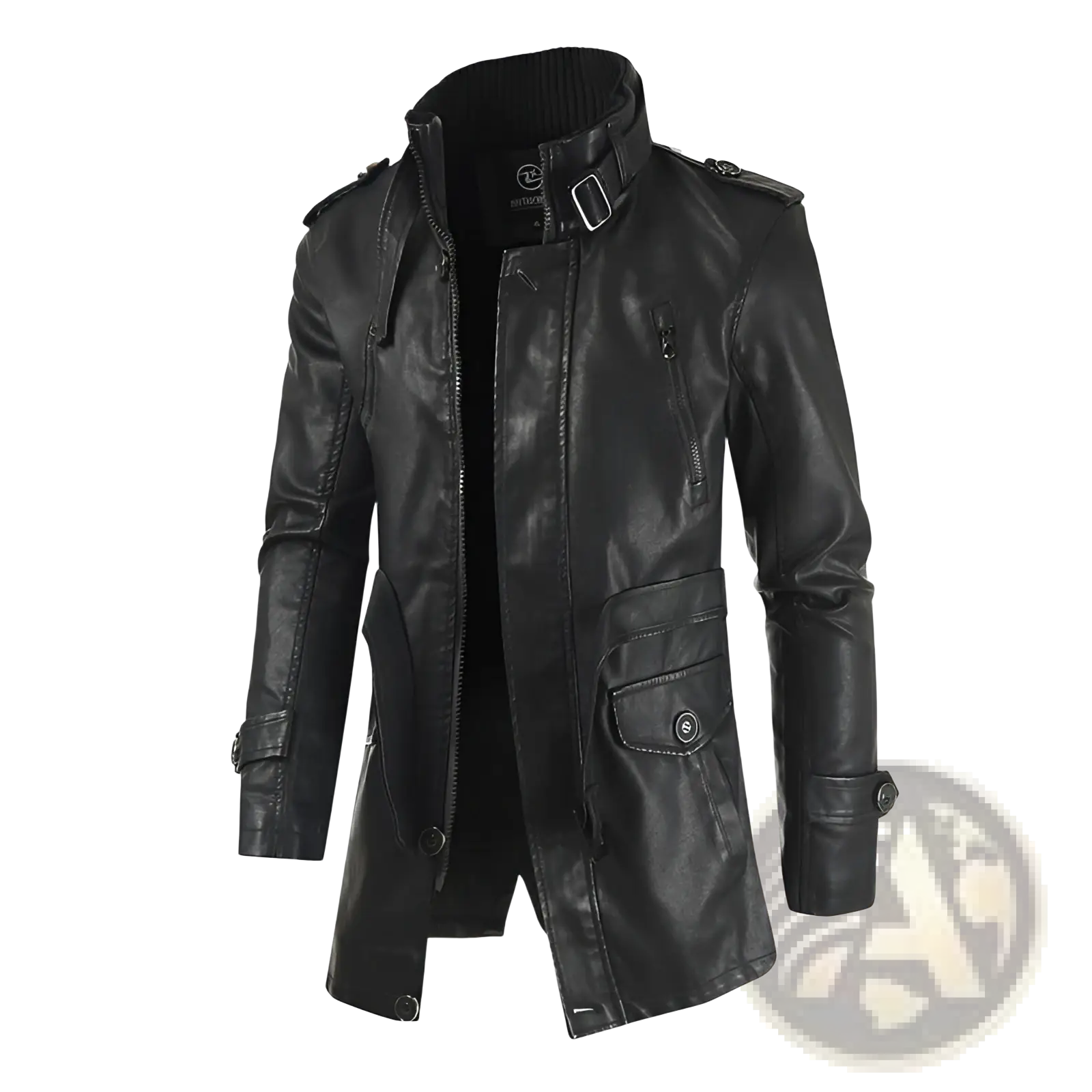 Men’s black faux leather mid-length trench coat with high collar, shoulder epaulets, front zipper, and fleece lining