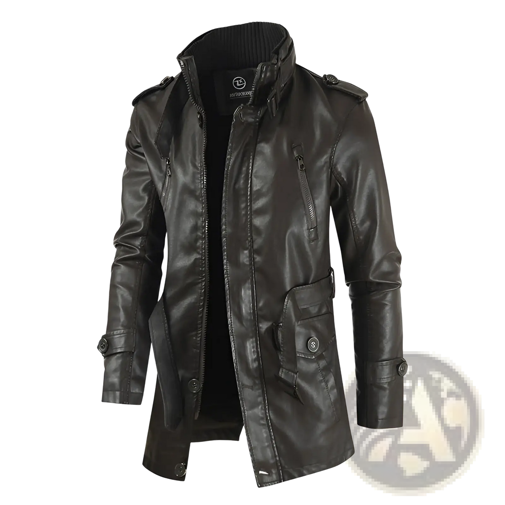 Men’s mid-length black faux leather trench coat with high collar shoulder epaulets and front zipper closure fleece lined