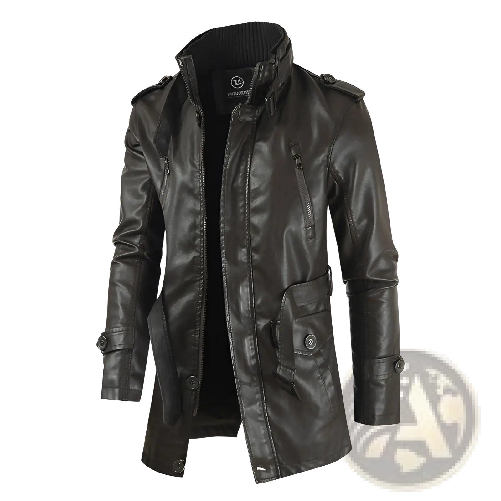 Men’s mid-length black faux leather trench coat with high collar shoulder epaulets and front zipper closure fleece lined