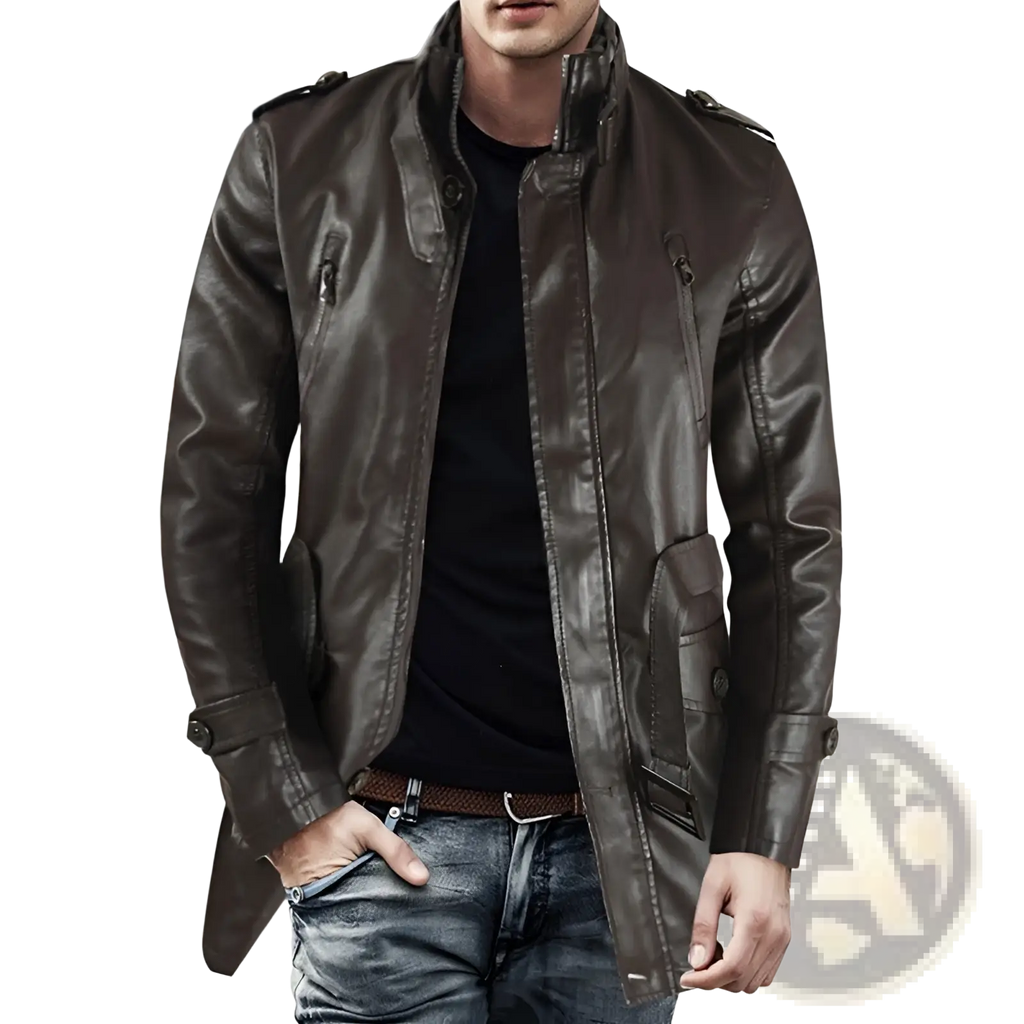 Dark brown men’s mid-length fleece lined faux leather coat with stand-up collar and front zipper closure