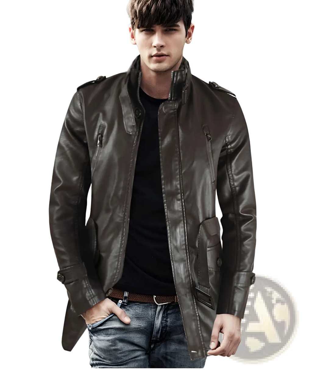 Men’s mid-length dark brown fleece lined faux leather coat with stand-up collar and flap pockets