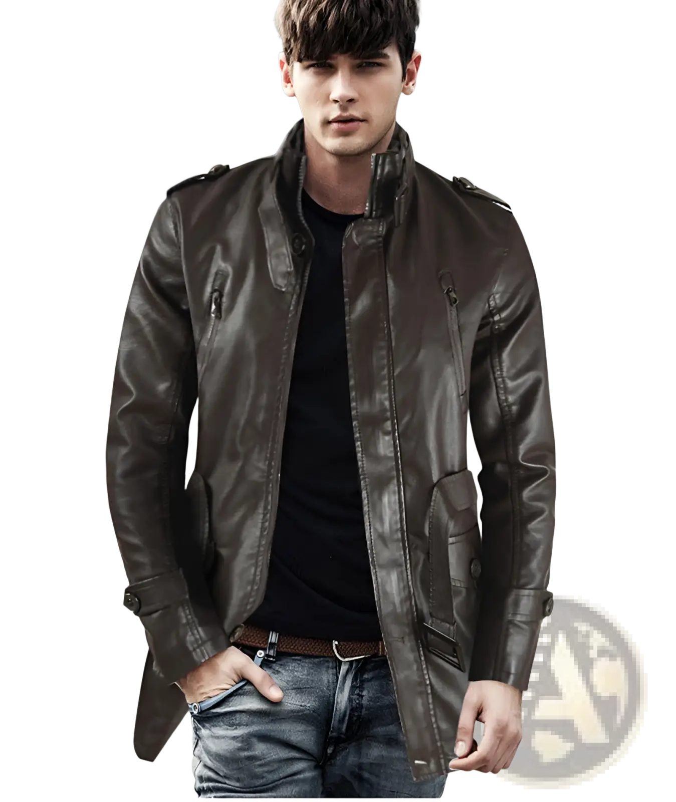 Men’s mid-length dark brown fleece lined faux leather coat with stand-up collar and flap pockets
