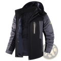 Men’s mid length black and gray insulated winter jacket with thick fleece lined hood for cold weather use