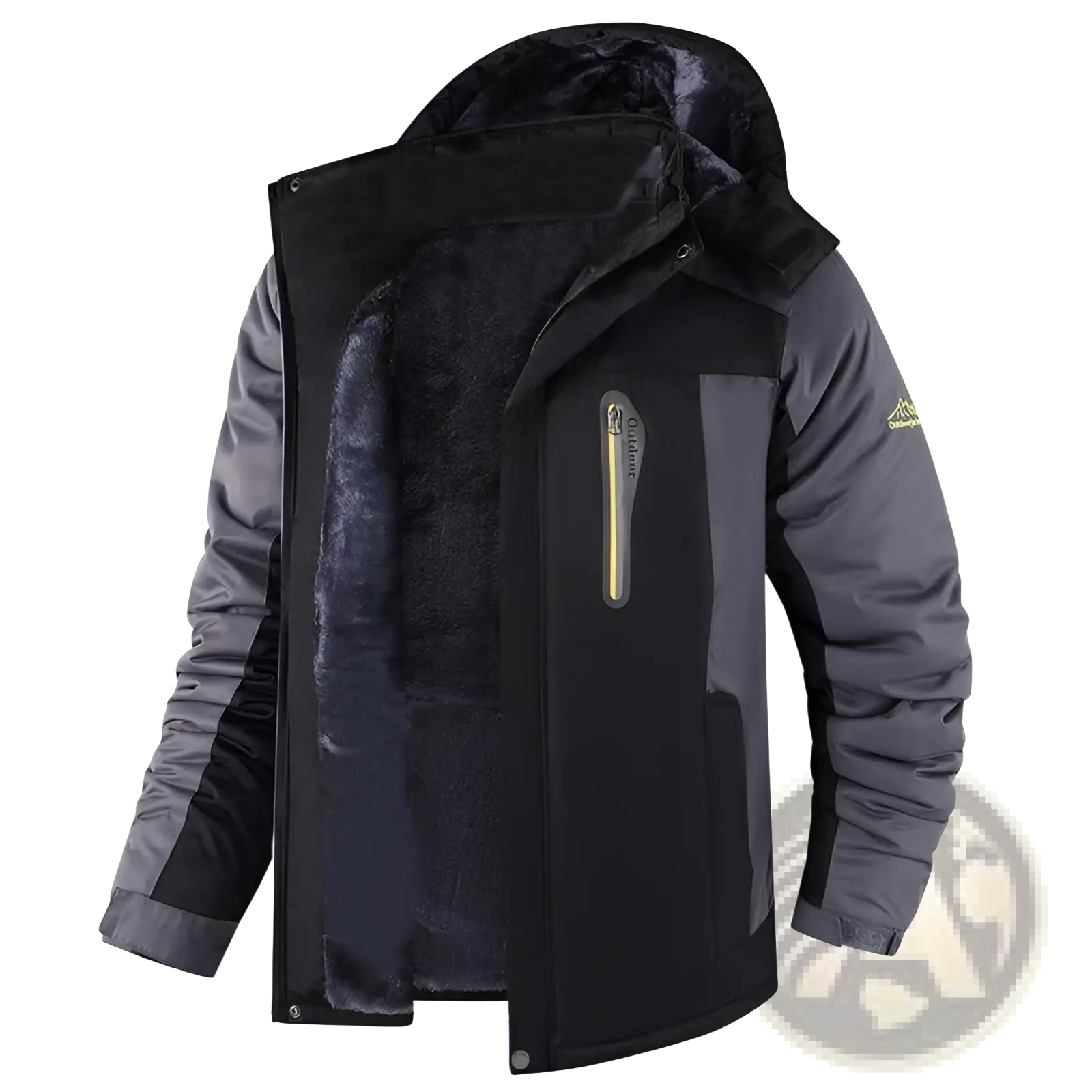 Men’s mid length black and gray insulated winter jacket with thick fleece lined hood for cold weather use