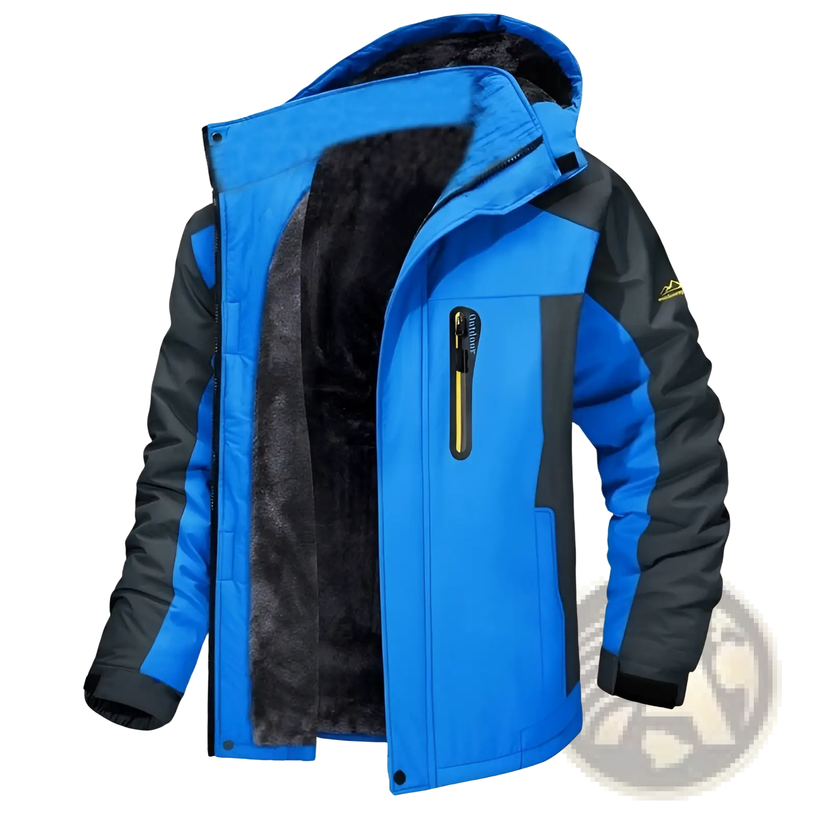 Men’s mid length insulated winter jacket in blue and black with fleece lining for warmth and comfort