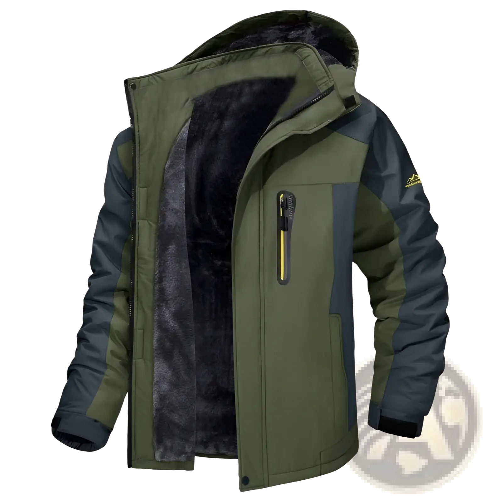 Men’s mid length insulated winter jacket in olive green and dark gray with thick fleece lined hood for cold weather
