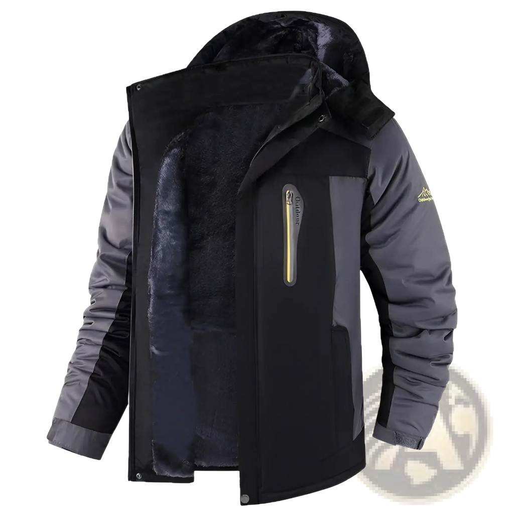 Men’s mid length black and gray insulated winter jacket with plush fleece lined hood and front zipper