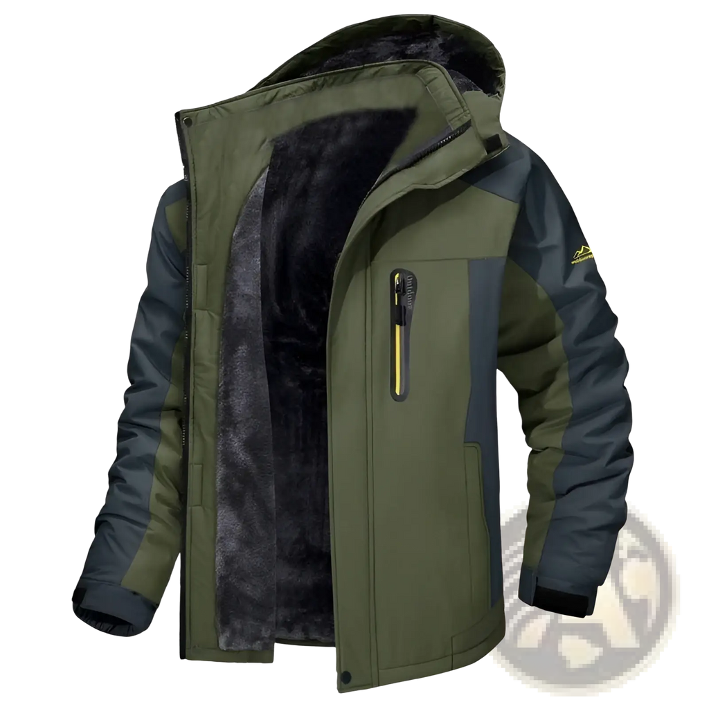 Men’s mid length fleece lined insulated winter jacket in olive green and dark gray with thick fleece lined hood