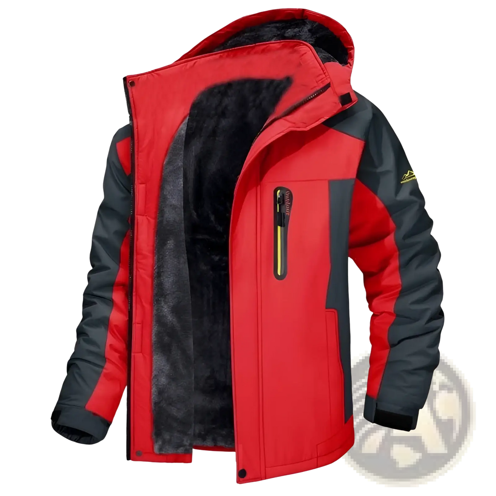 Men’s mid length insulated winter jacket in red and black with fleece lining for warmth and comfort