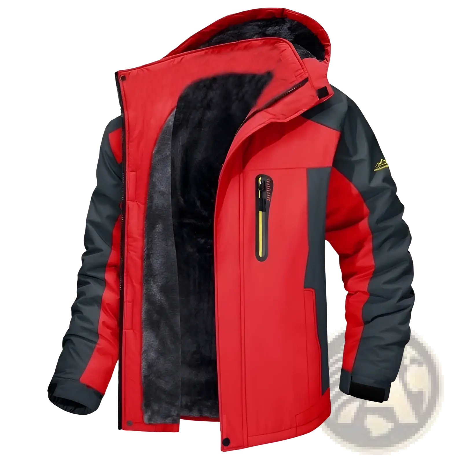 Men’s mid length insulated winter jacket in red and black with fleece lining for warmth and comfort