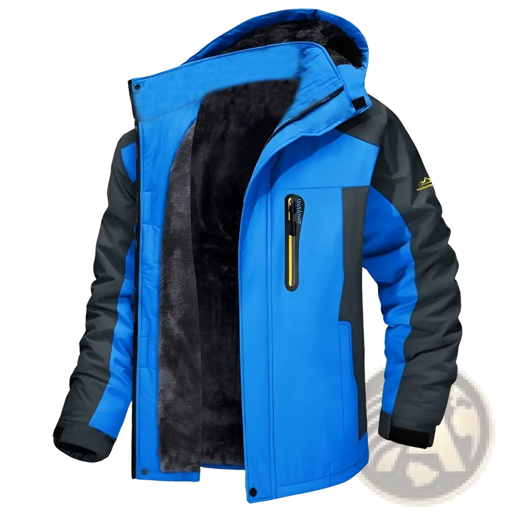 Men’s mid length blue and black insulated winter jacket with fleece lining for warmth and comfort in cold weather