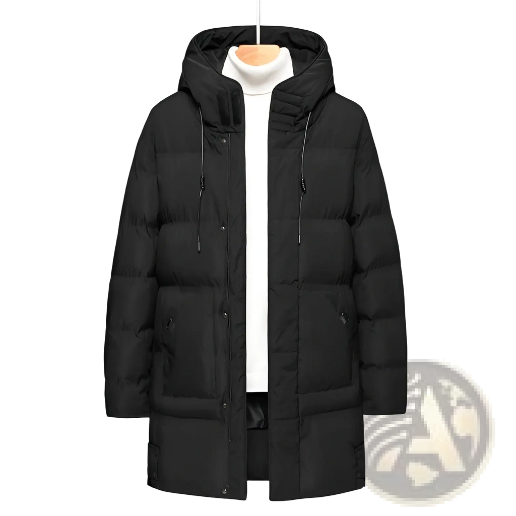 Men’s mid-length black quilted hooded winter puffer jacket with front zipper and two large side pockets