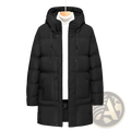 Men’s mid-length black quilted hooded winter puffer jacket with front zipper and two large side pockets