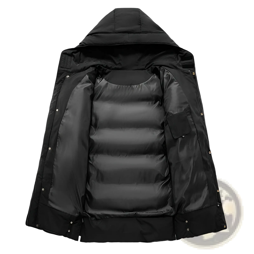 Men’s mid-length black quilted hooded winter puffer jacket with hood and insulated interior lining