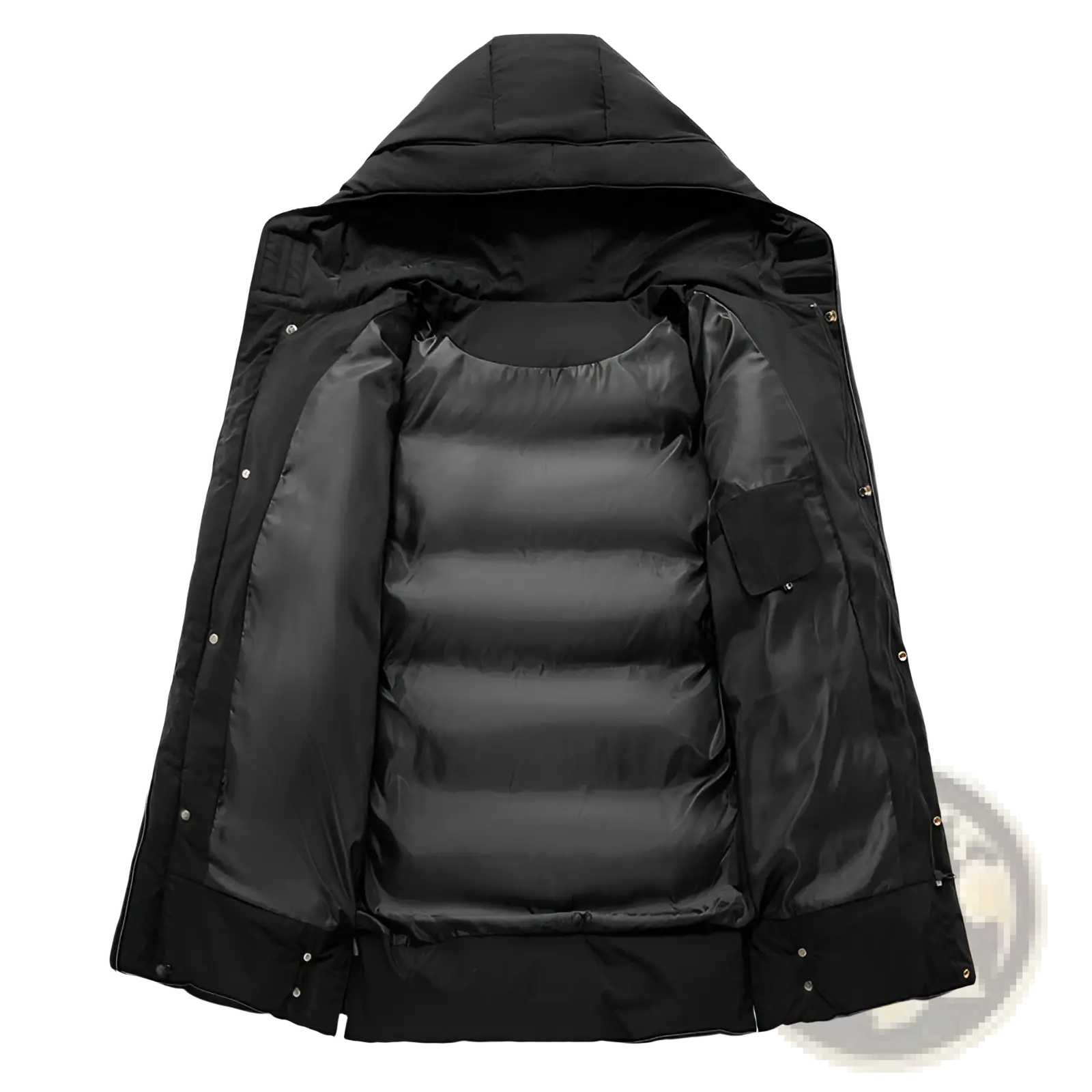 Men’s mid-length black quilted hooded winter puffer jacket with hood and insulated interior lining