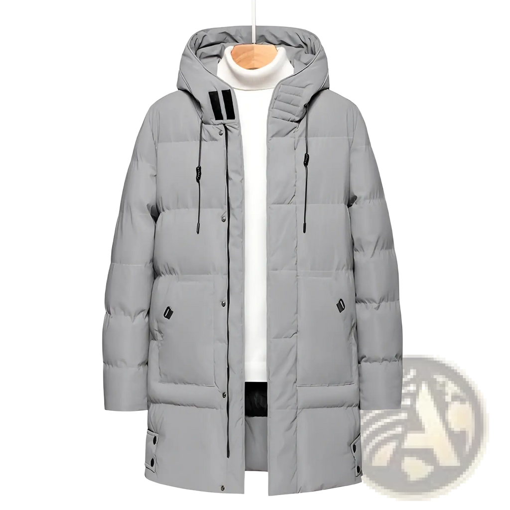 Men’s mid-length gray quilted hooded winter puffer jacket with black zipper pulls and trim accents