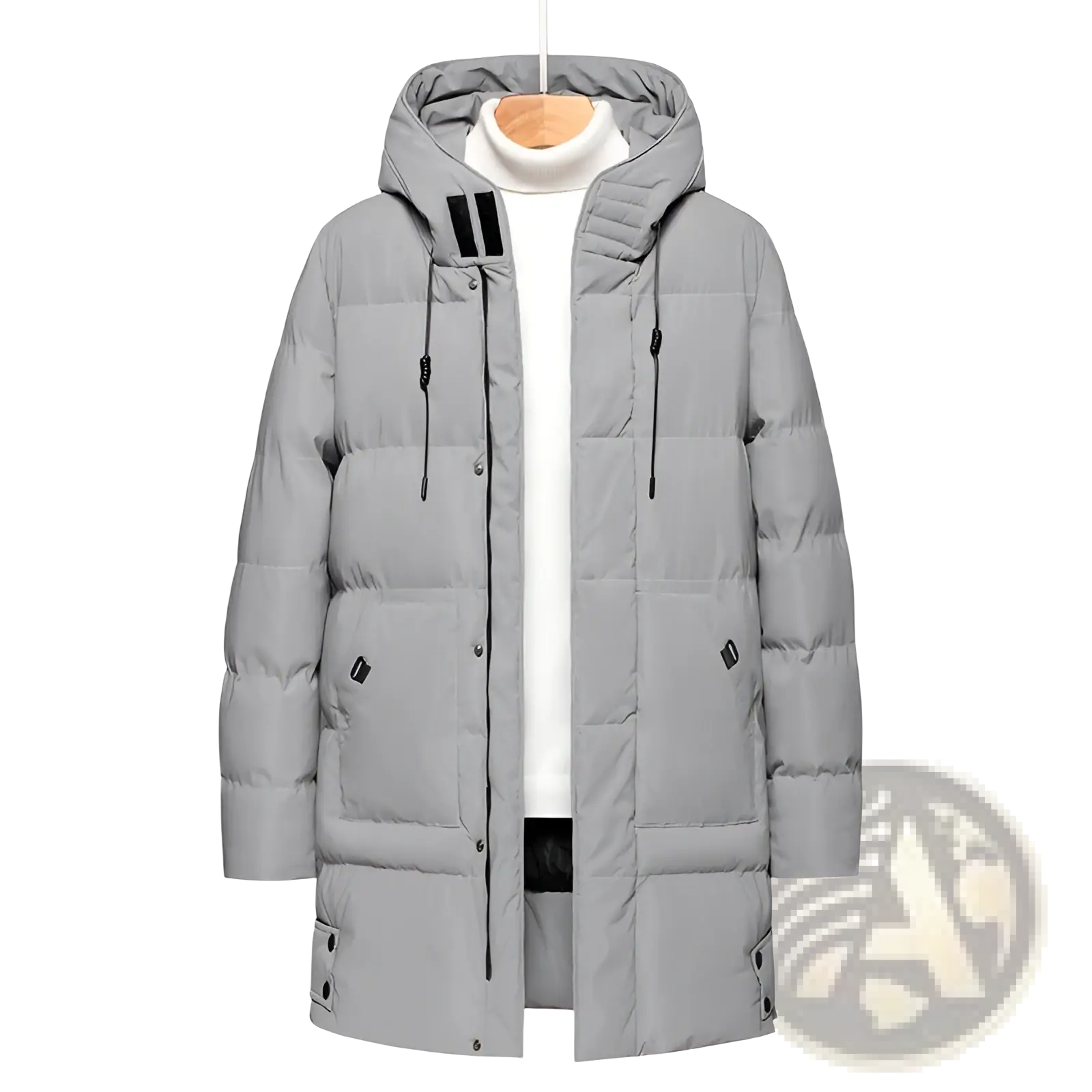 Men’s mid-length gray quilted hooded winter puffer jacket with black zipper pulls and trim accents