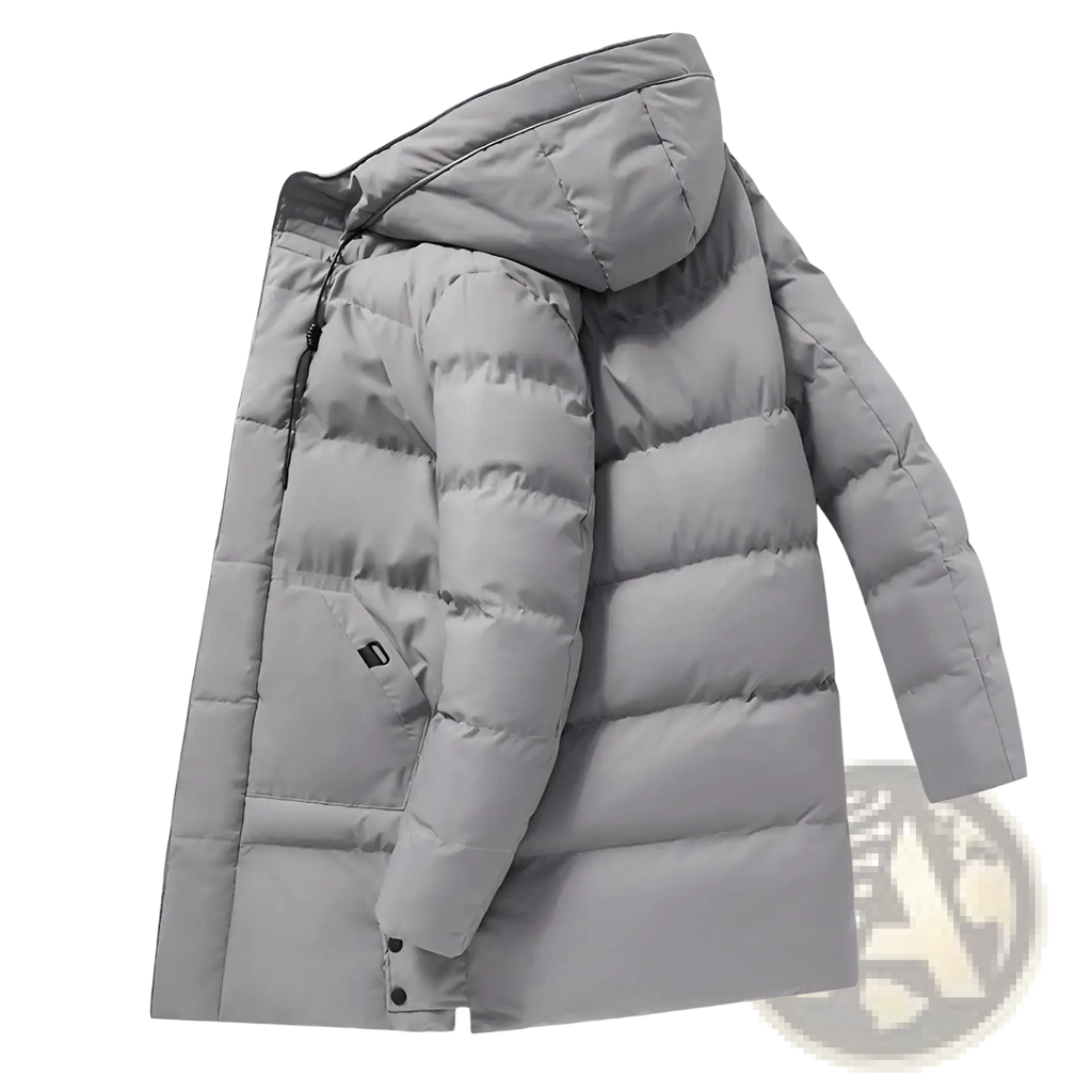 Men’s mid-length gray quilted puffer jacket with hood designed for winter cold weather protection